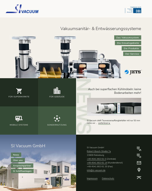 Screenshot der Startseite der SI Vacuum GmbH, Ratzeburg